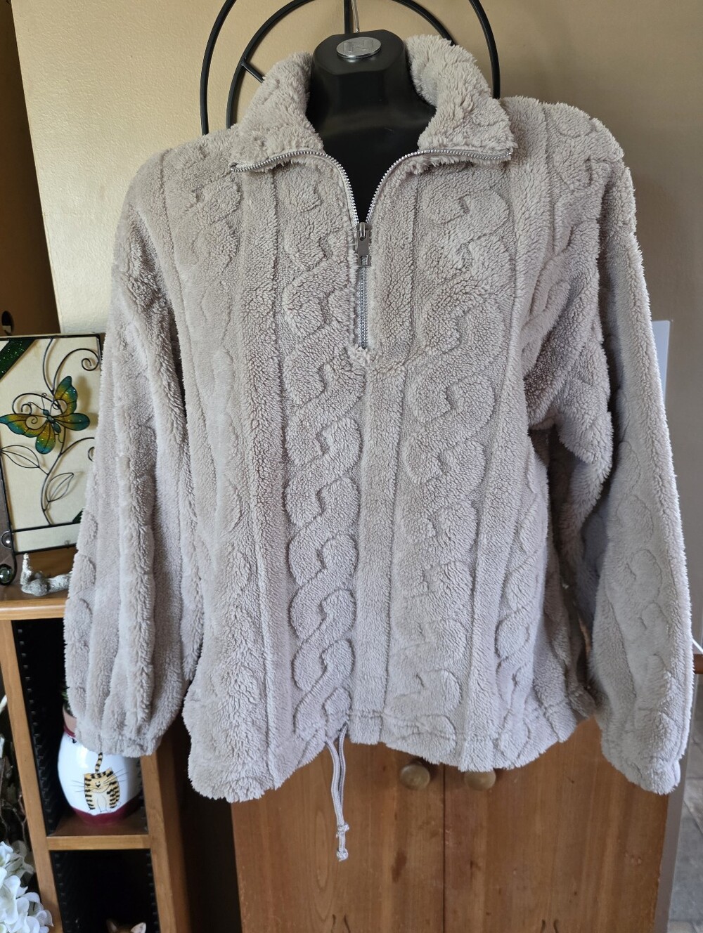 Cozy Plush Quarter-Zip Sherpa Fleece Cable Knit Pattern Fuzzy Beige Pullover
